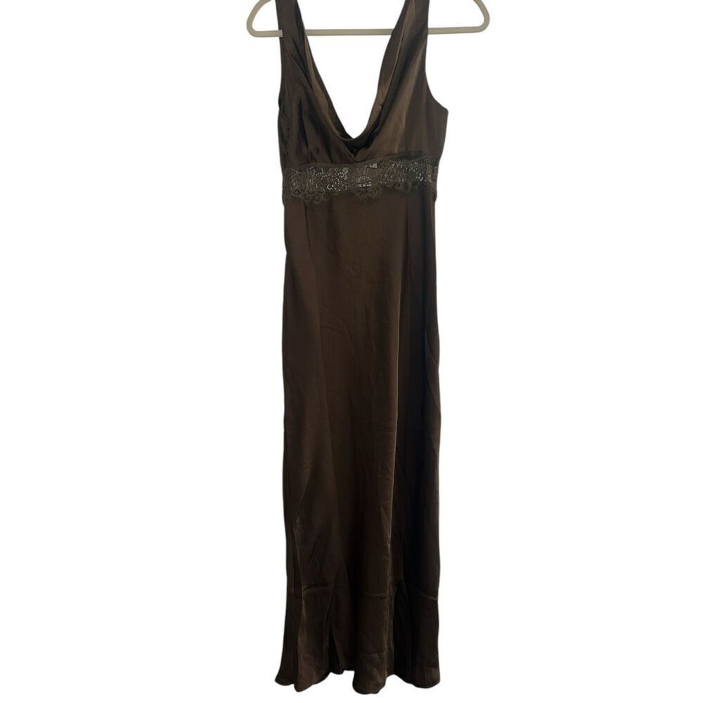 ✨JULIET MIDI DRESS - V NECK LACE INSERT SATIN SLIP SZ 6 DRESS IN CHOCOLATE✨ - Picture 9 of 13